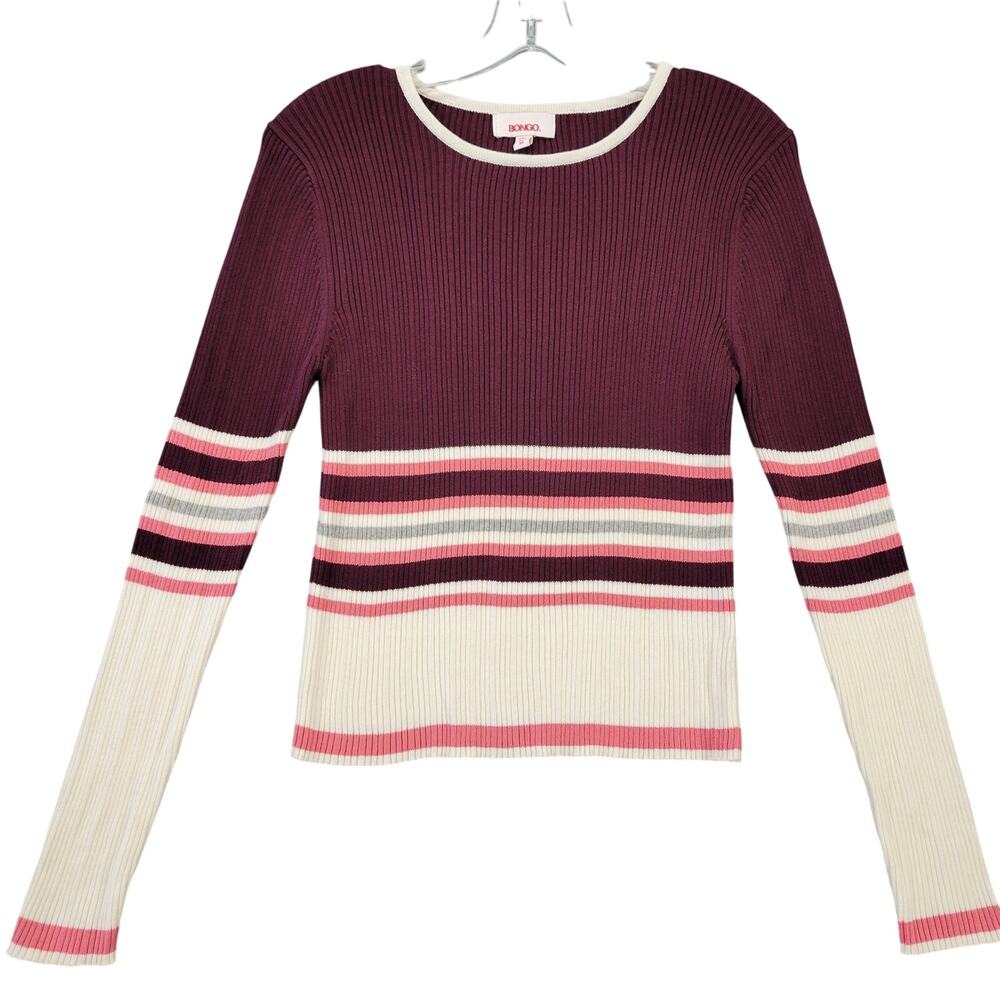 Bongo Purple Crop Sweater Preppy Stripe Classic Long Sleeves Knit Womens Size M